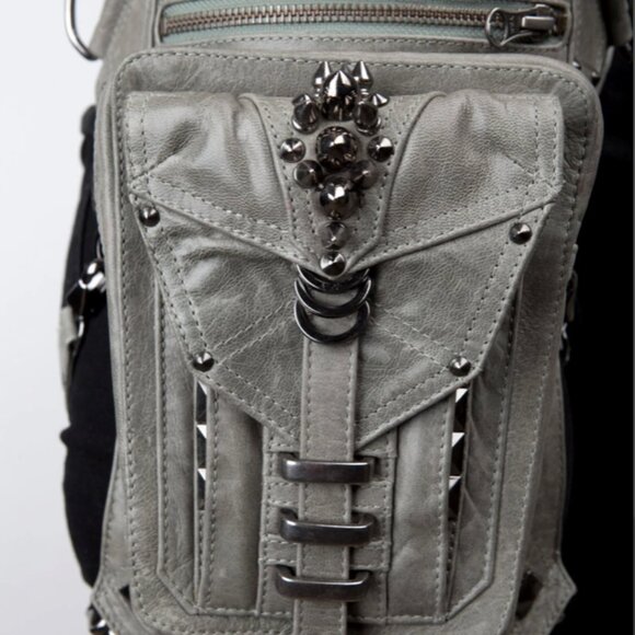 Jungle Tribe Belt Bag Gray Leather Studded Utility Crossbody Handbag Fanny Pack - Picture 17 of 17